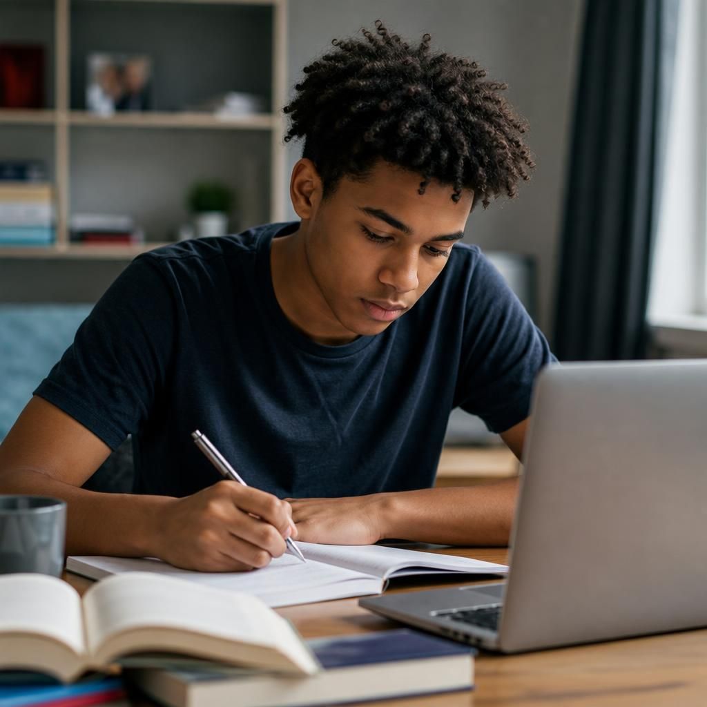 Young person studying at a desk with books and a laptop