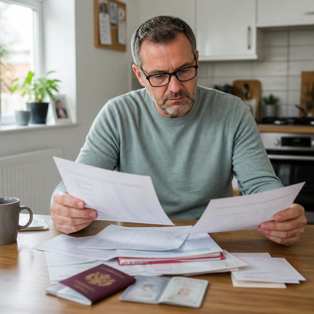Foster carer reviewing identity documents and assessment paperwork at a table