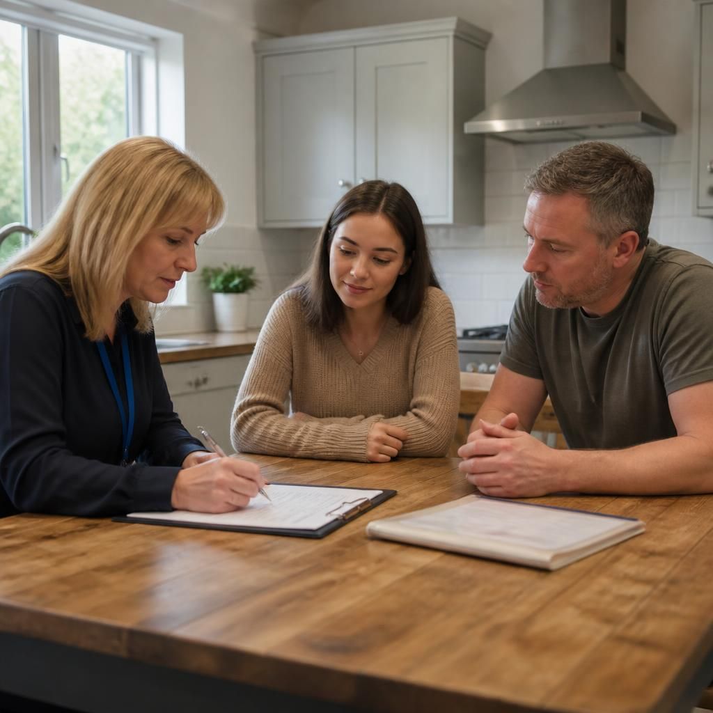 Foster carer completing assessment paperwork with adult household members at a kitchen table