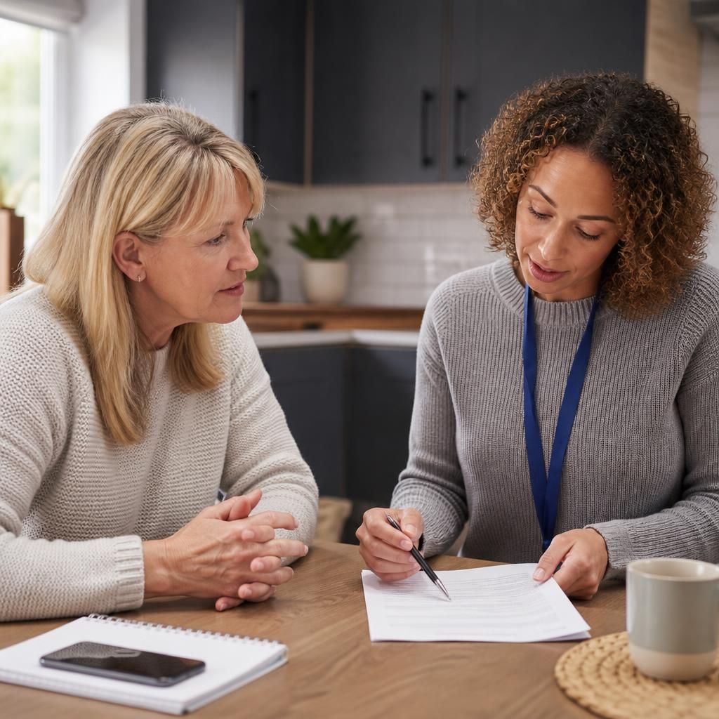 Foster carer and social worker reviewing a safer caring plan at a table