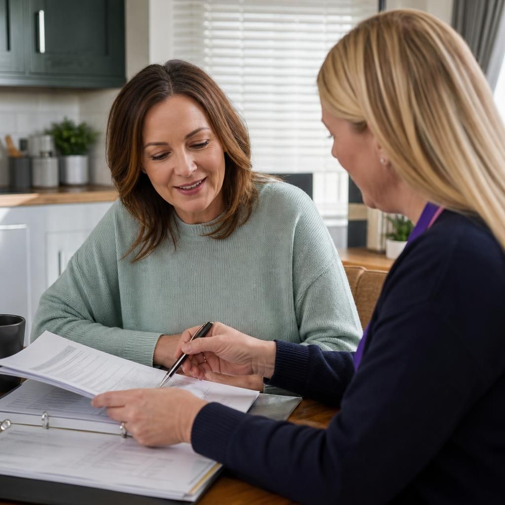 Foster carer reviewing application documents with a fostering adviser