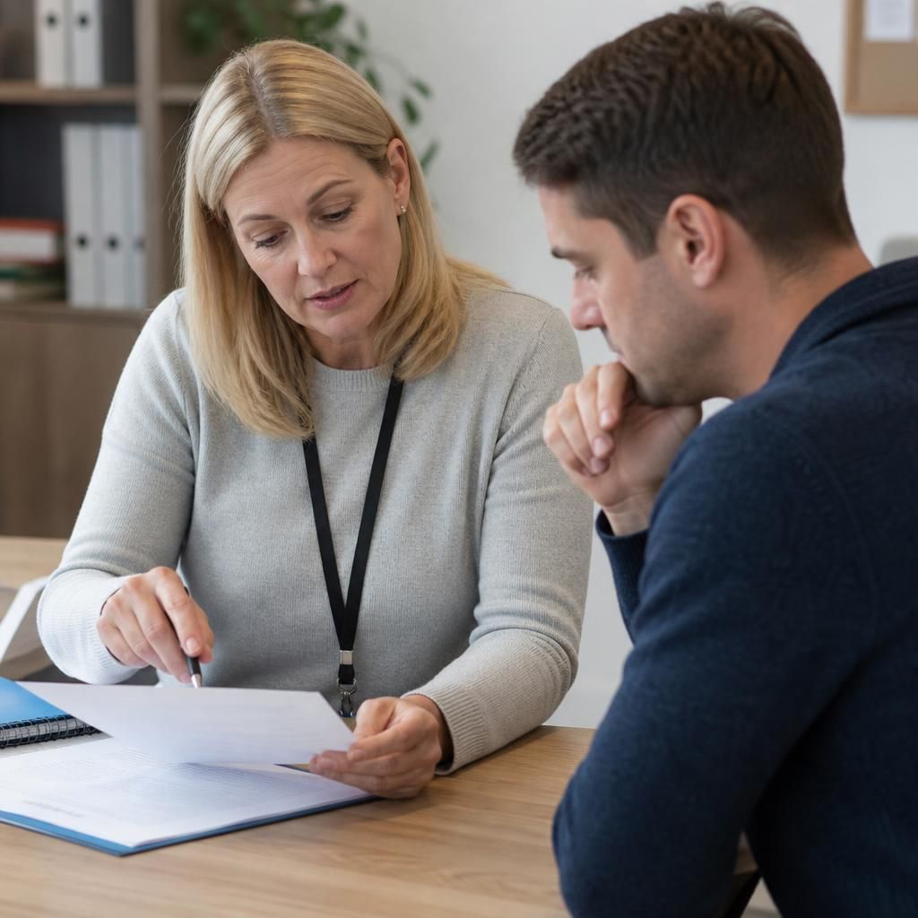 Foster carer applicant reviewing criminal record paperwork with an adviser