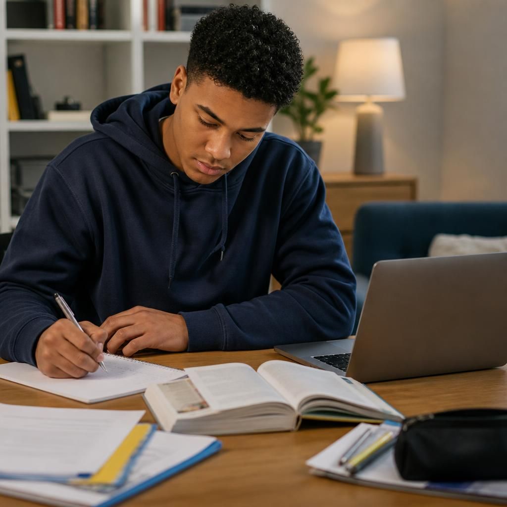 Young person studying with books and a laptop at a desk
