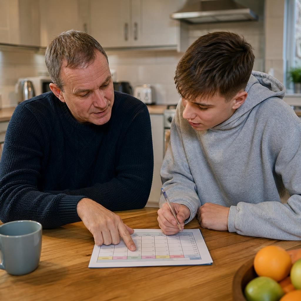 Foster carer and young person reviewing a weekly planner at a kitchen table