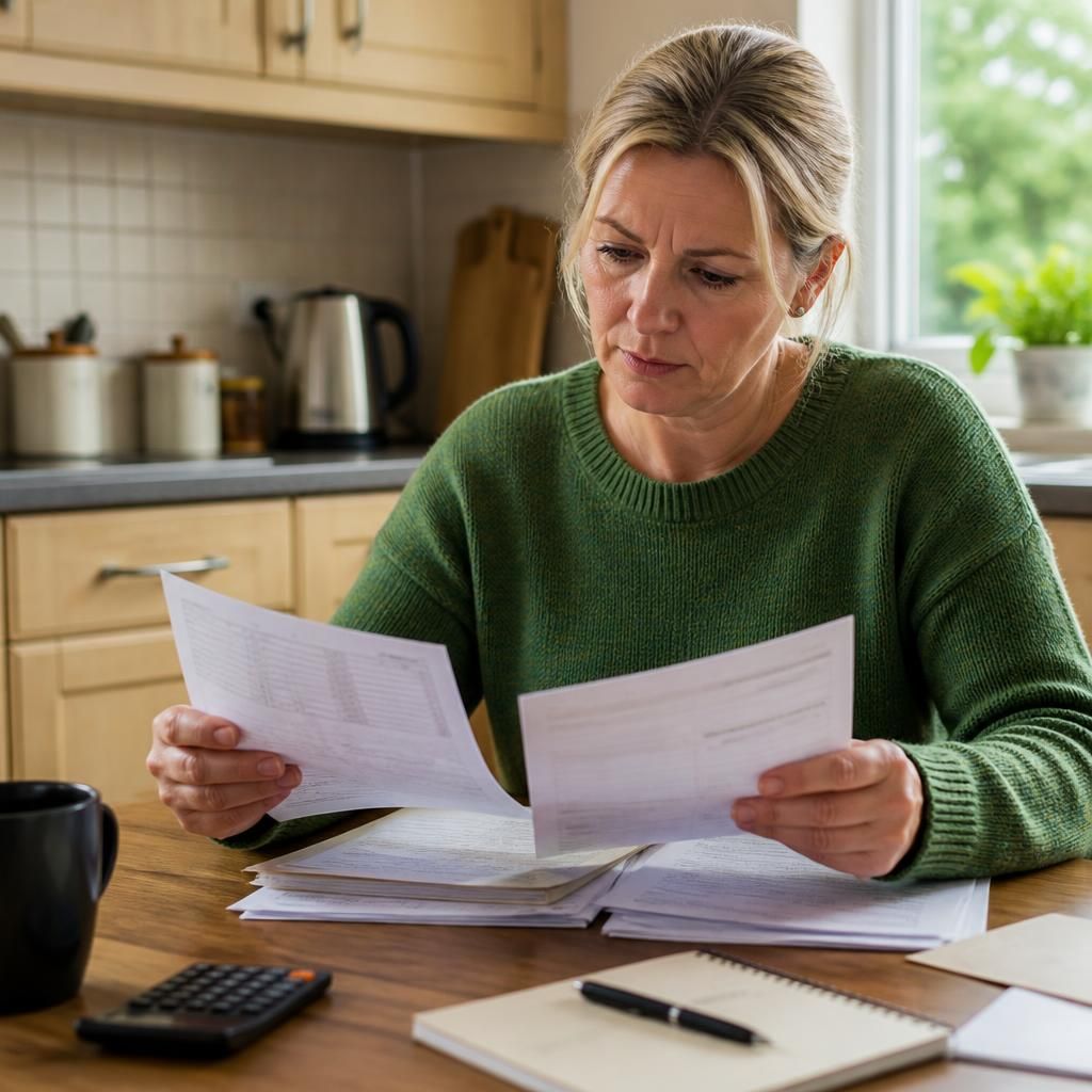 Foster carer reviewing household paperwork at a kitchen table