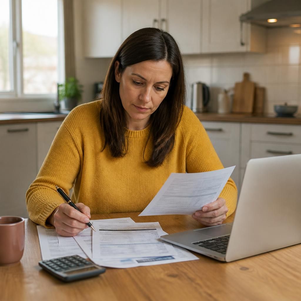 Foster carer reviewing household budget documents at a kitchen table