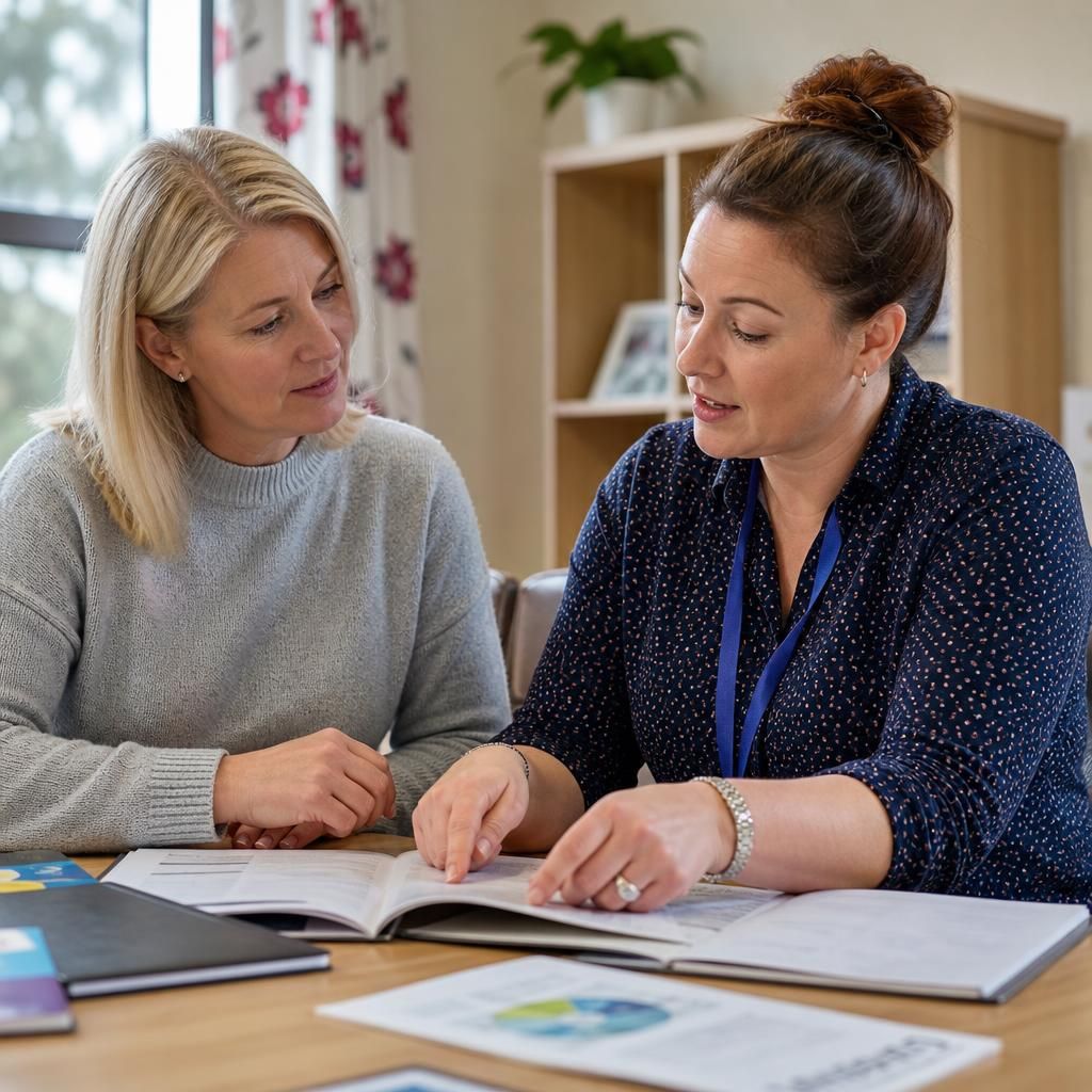 Foster carer discussing training materials with a social care professional