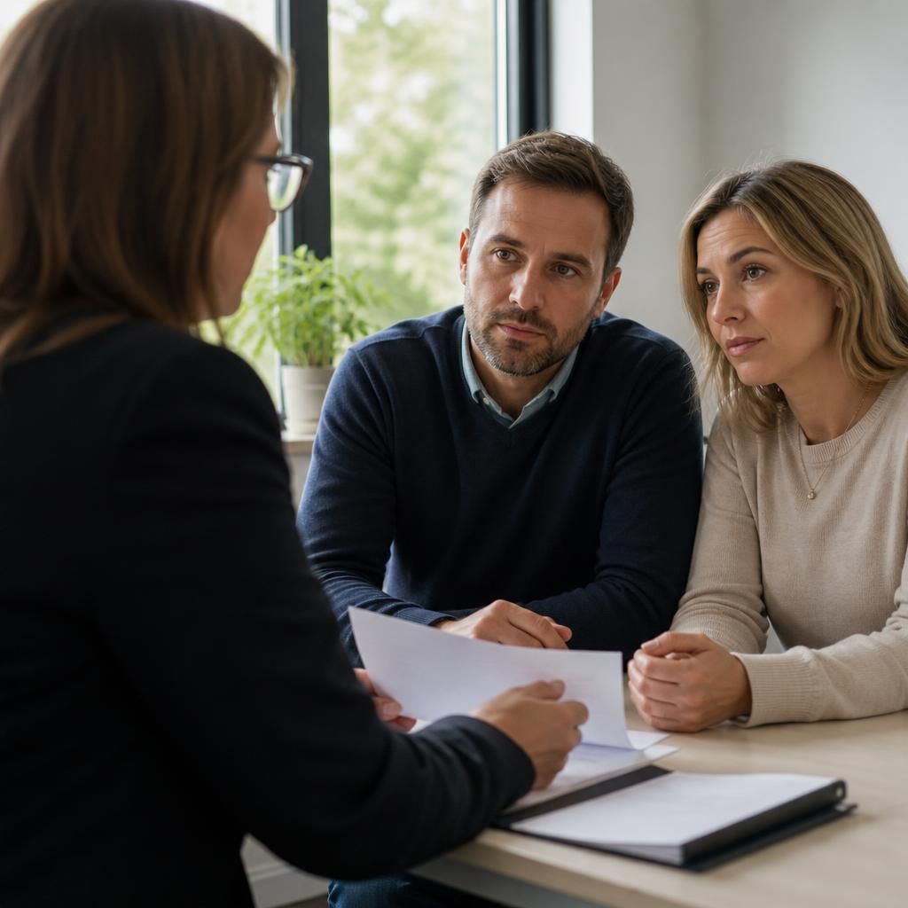 Couple discussing fostering documents with a solicitor