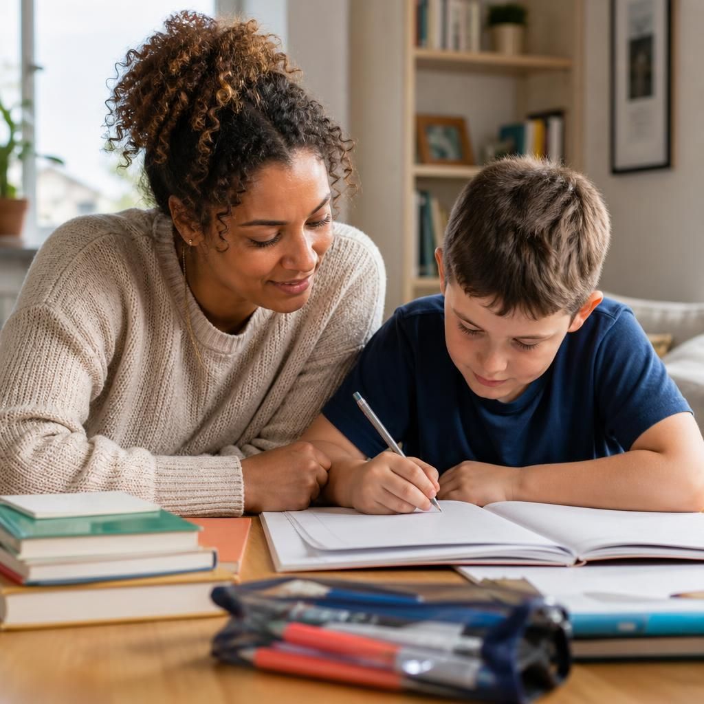 Foster carer and child studying together at a table with books and school supplies