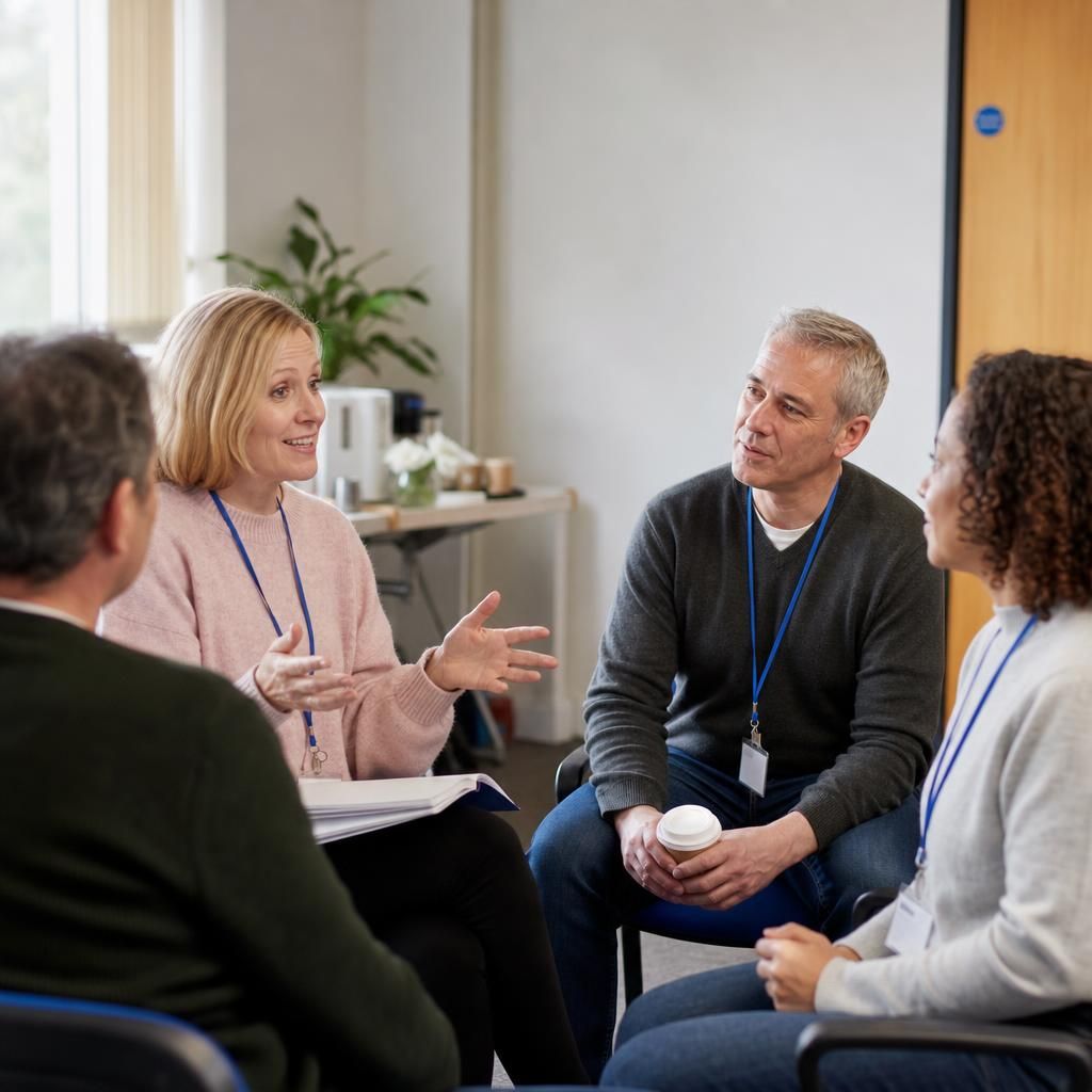 Foster carers talking together during a peer support meeting