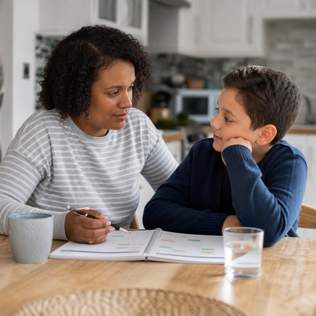 Foster carer and child discussing a daily routine at home