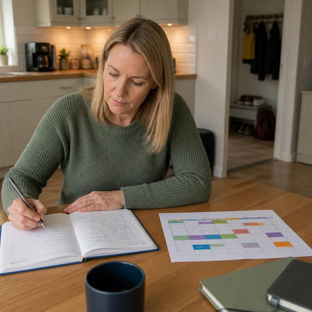 Foster carer reviewing a work diary and school timetable at a kitchen table