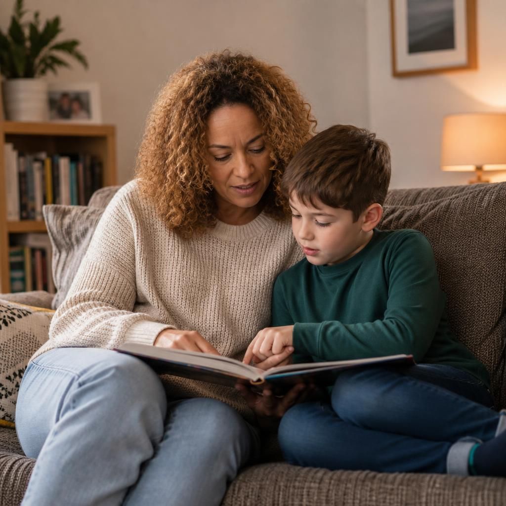 Foster carer and child reading together at home