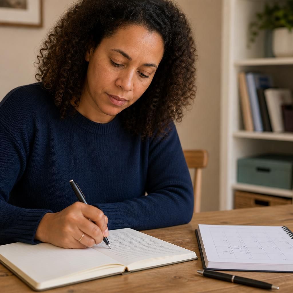 Foster carer writing notes in a placement record beside a calendar and pen
