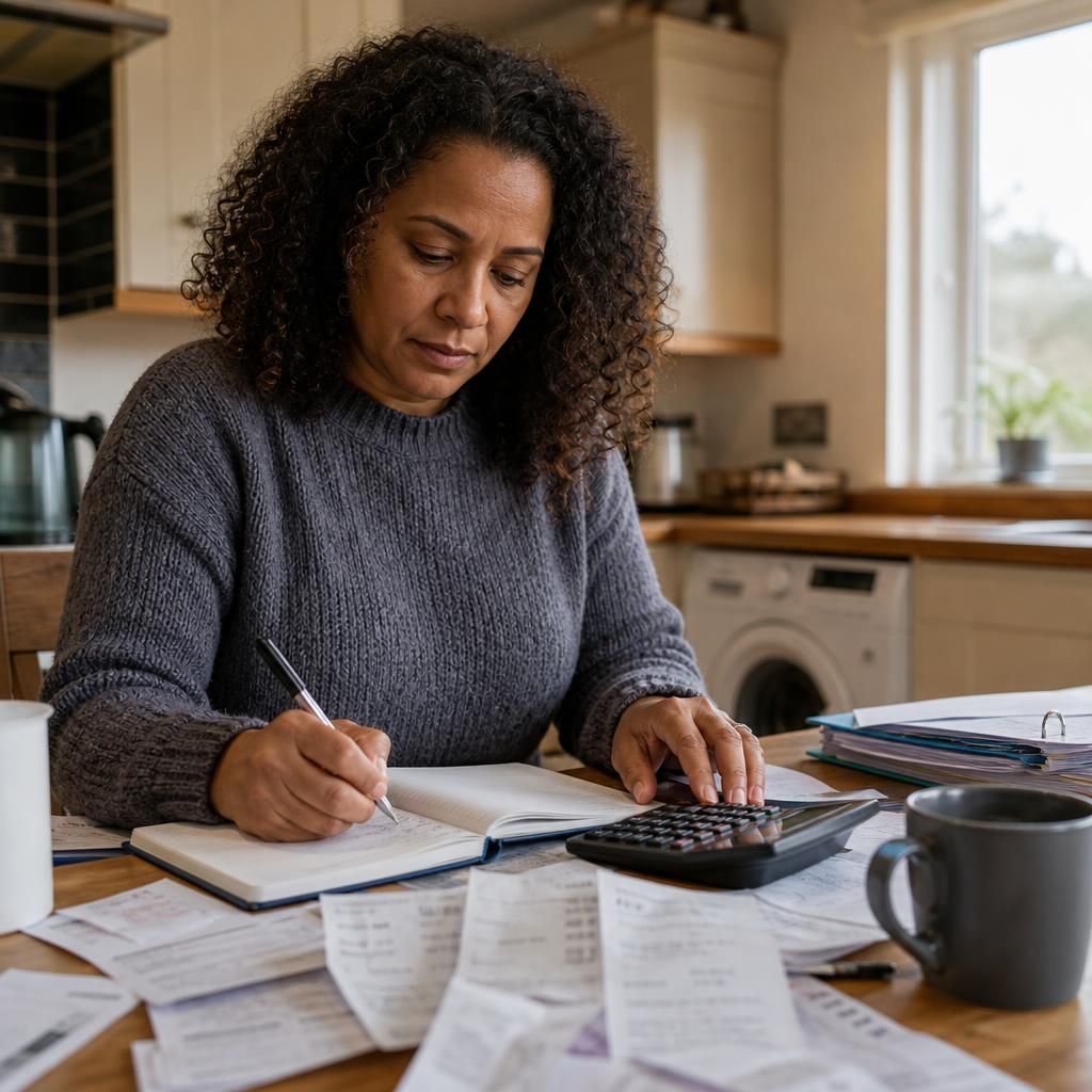 Foster carer keeping organised records of payments and household expenses