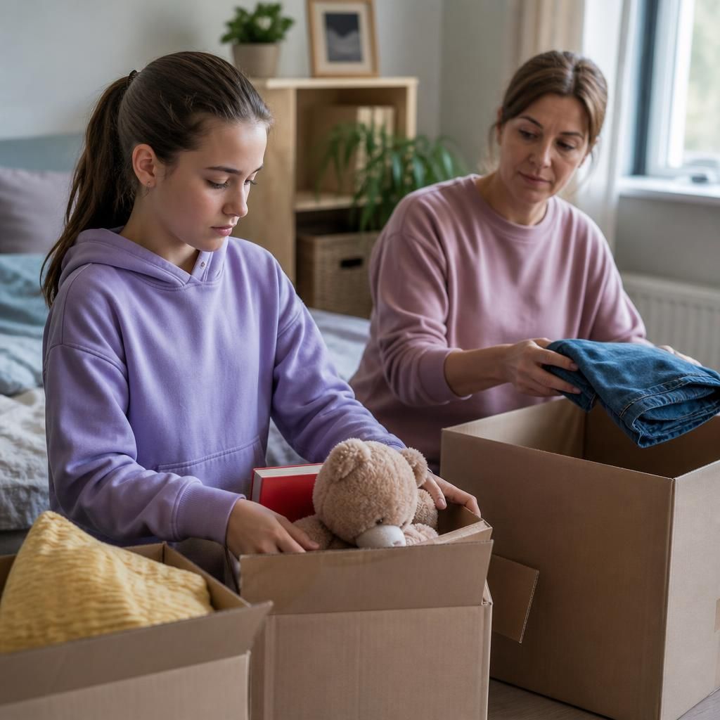 Foster carer and child packing belongings for a planned move