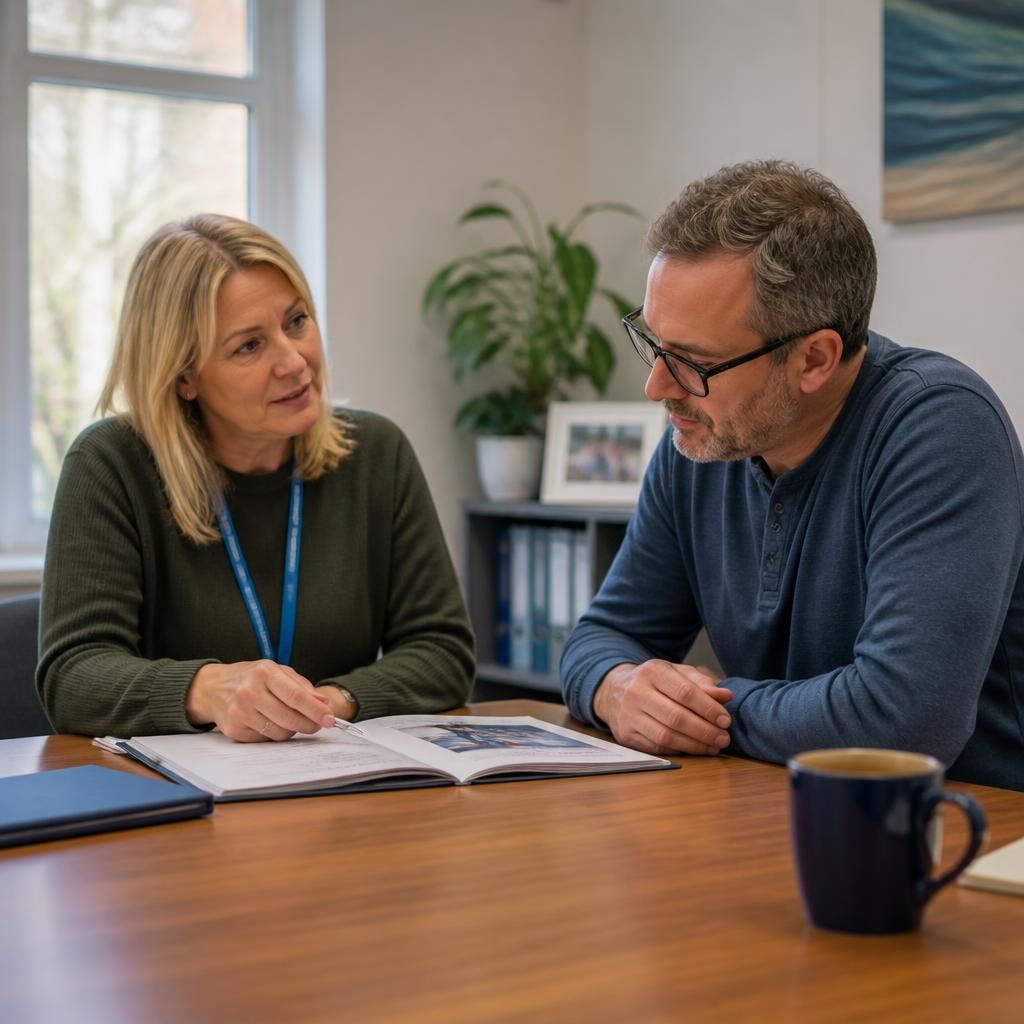 Foster carer discussing a child's placement information with a social worker