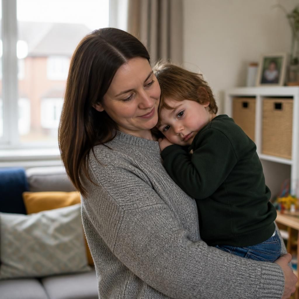 Foster carer holding a young child during a fostering for adoption placement