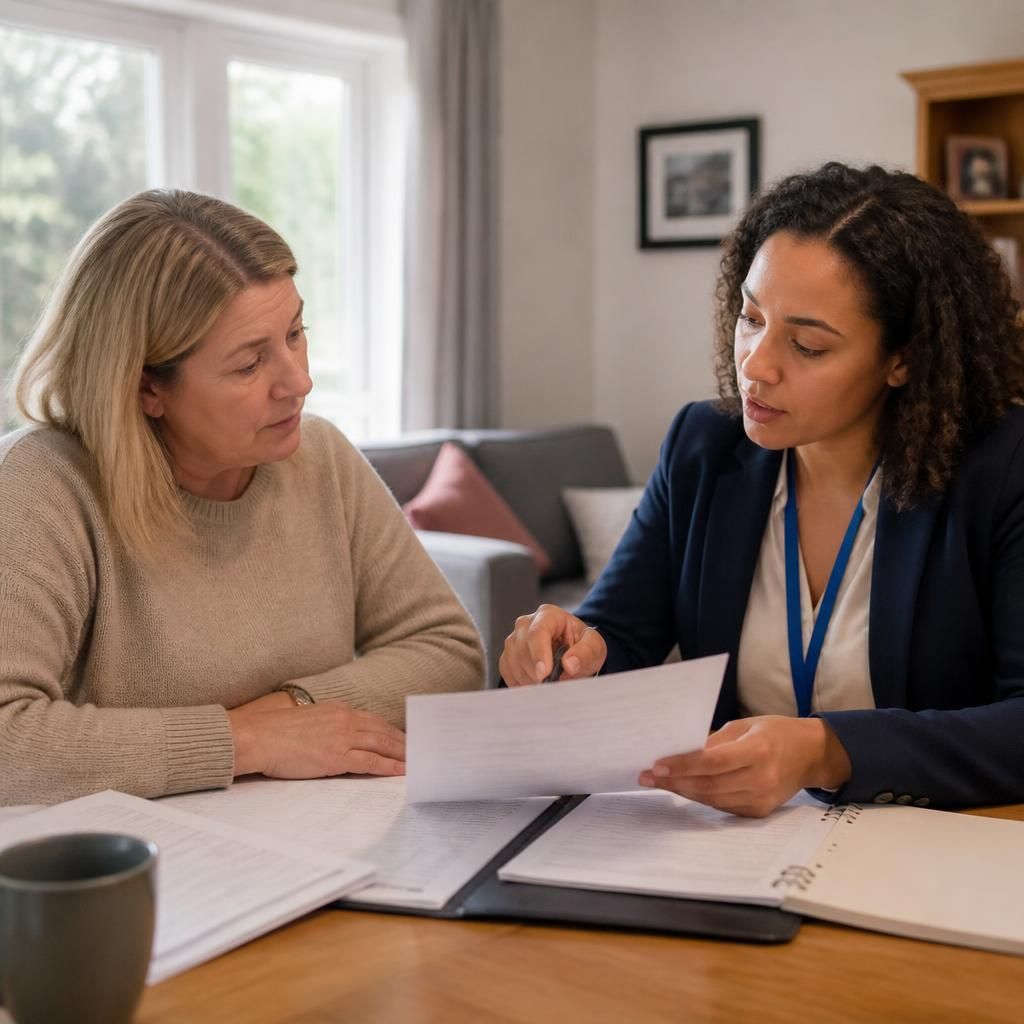 Kinship carer and social worker reviewing a written payment agreement