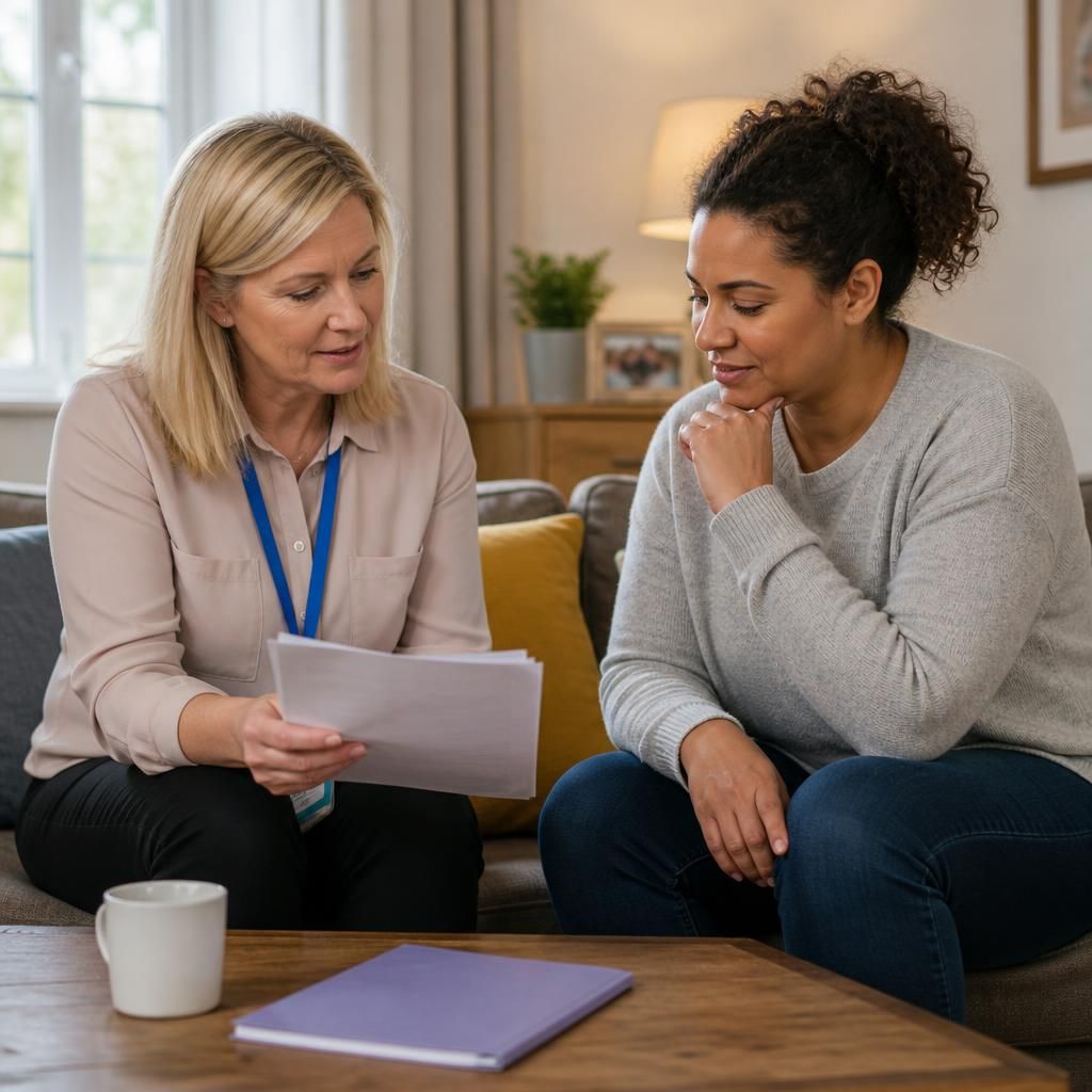 Foster carer reviewing placement information with a social worker at home