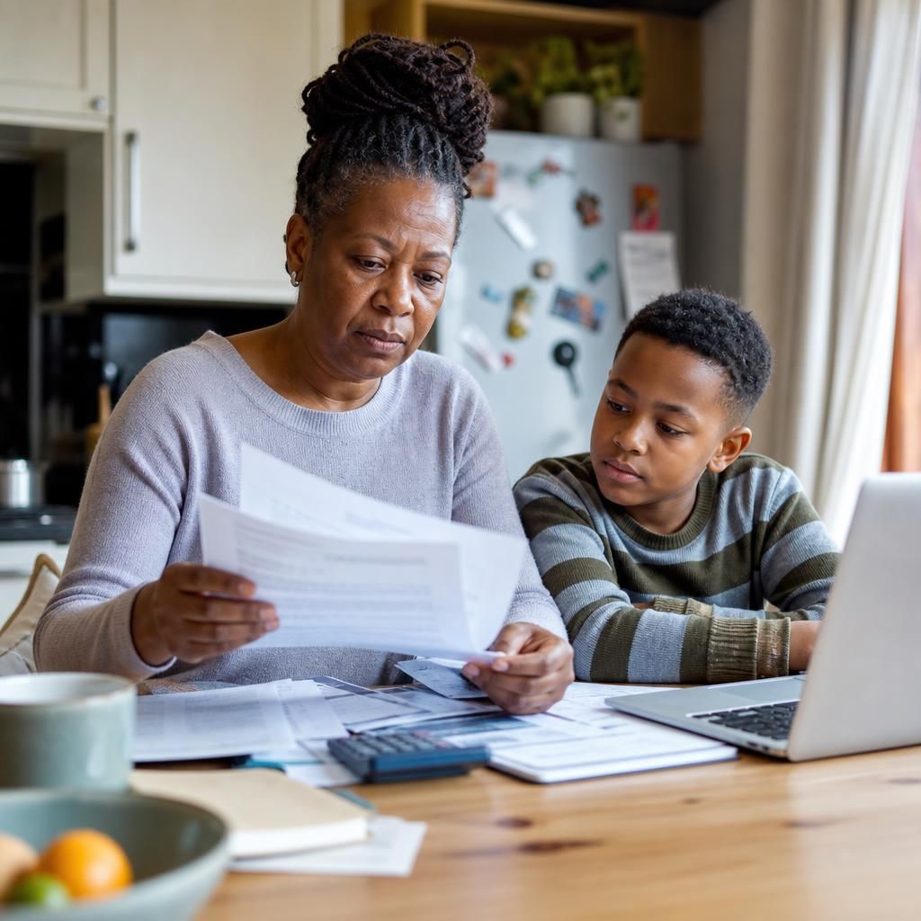 Relative caregiver reviewing payment paperwork with a child nearby