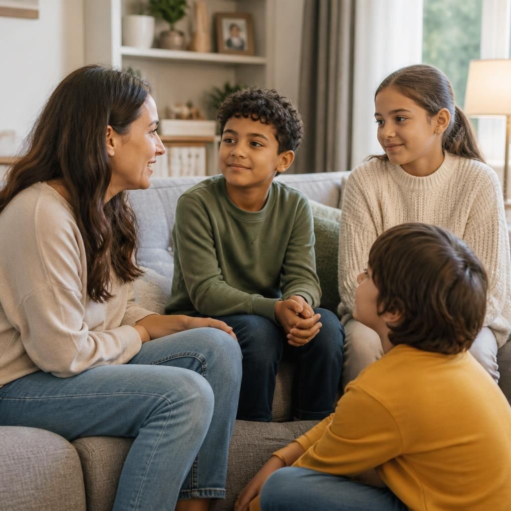 Adult and children of different ages talking together at home