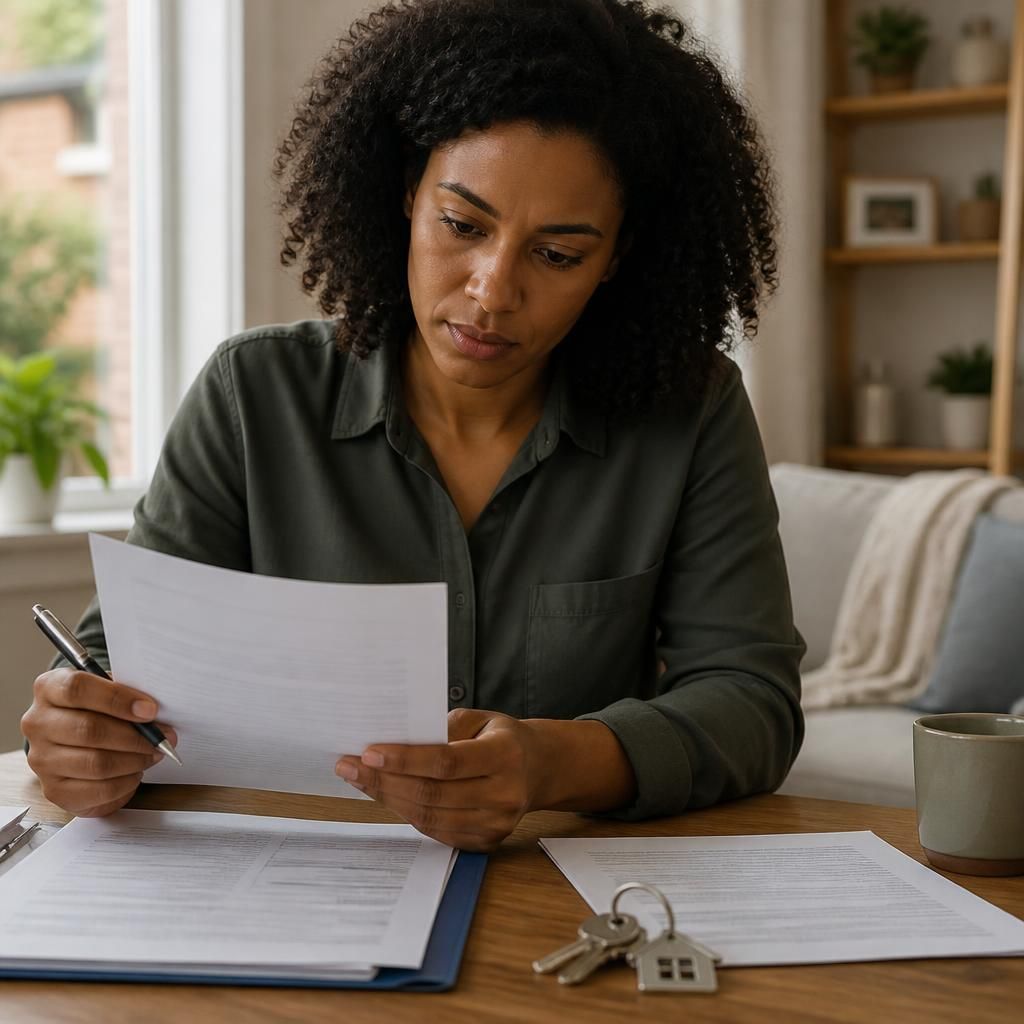 Person reviewing a tenancy agreement beside house keys and housing documents