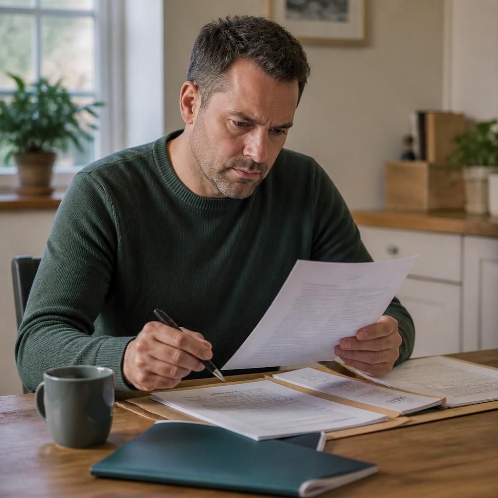 Person reviewing court documents and fostering application papers at a desk