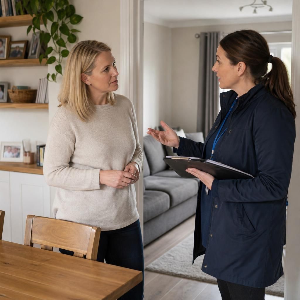Prospective foster carer discussing household space with a social worker