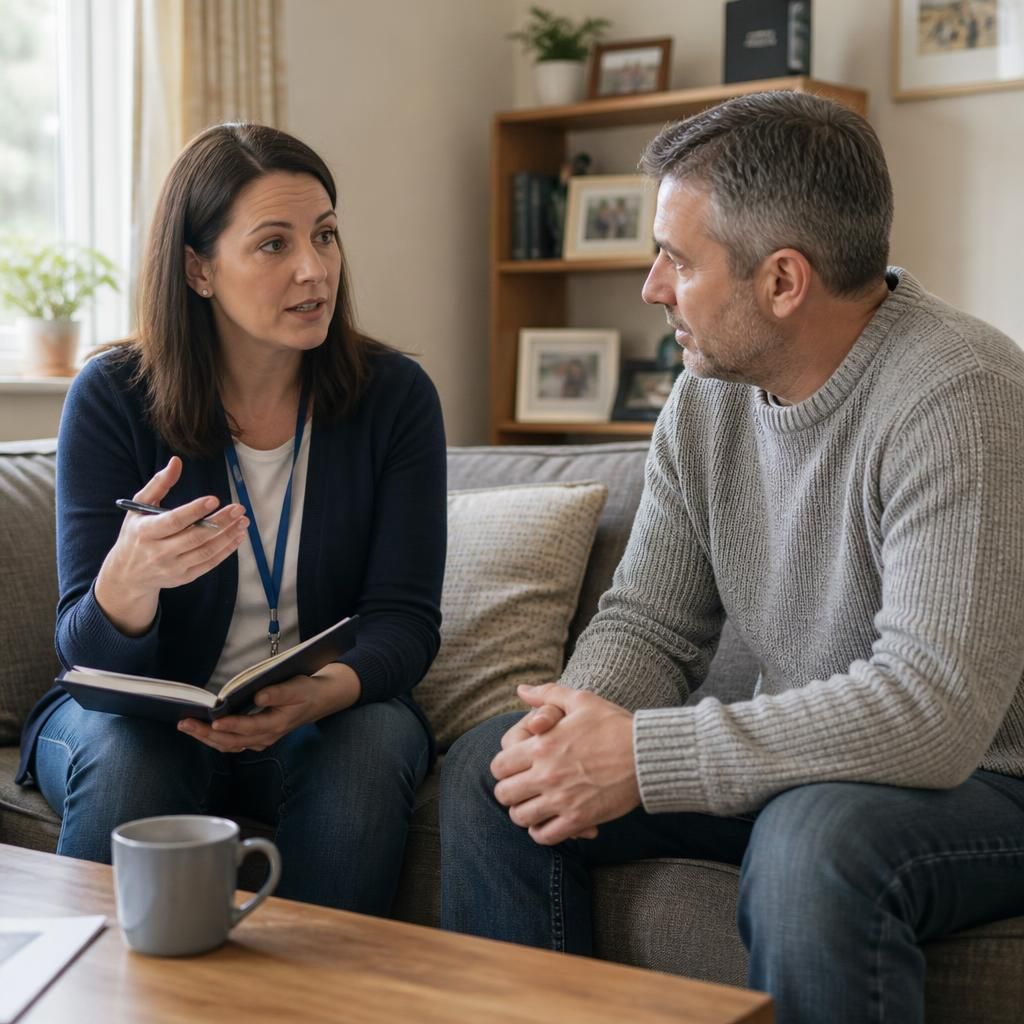 Foster carer speaking with a supervising social worker at home