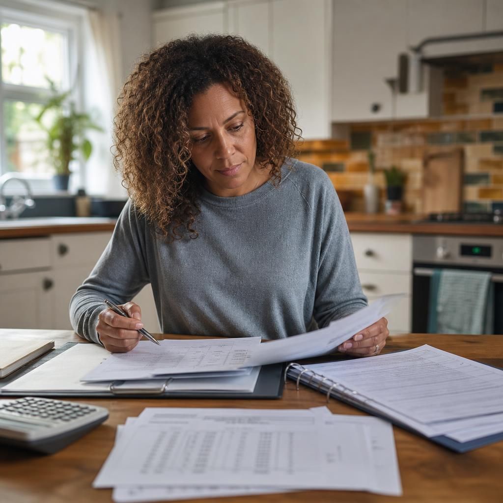 Foster carer reviewing placement payment records and tax documents at a kitchen table