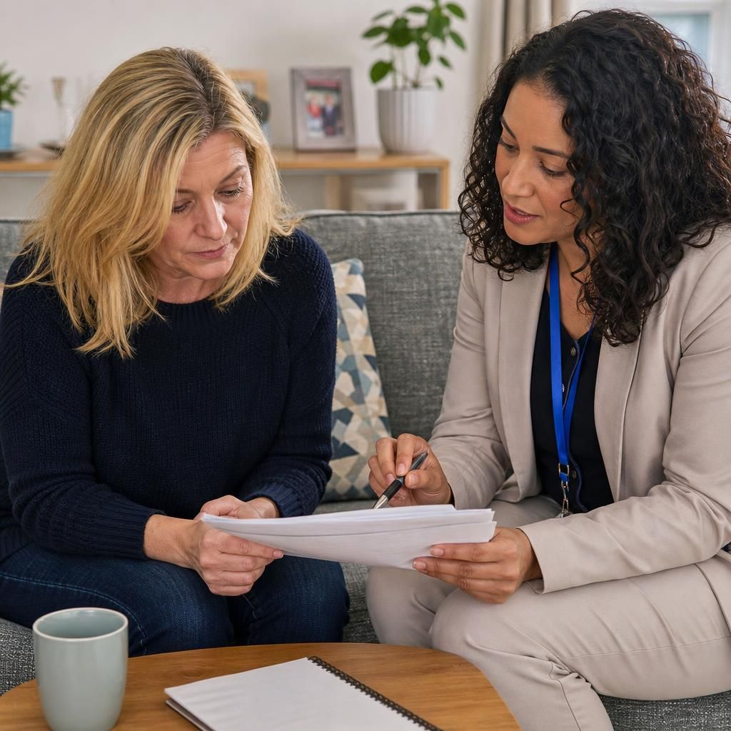 Foster carer reviewing a safer caring plan with a social worker