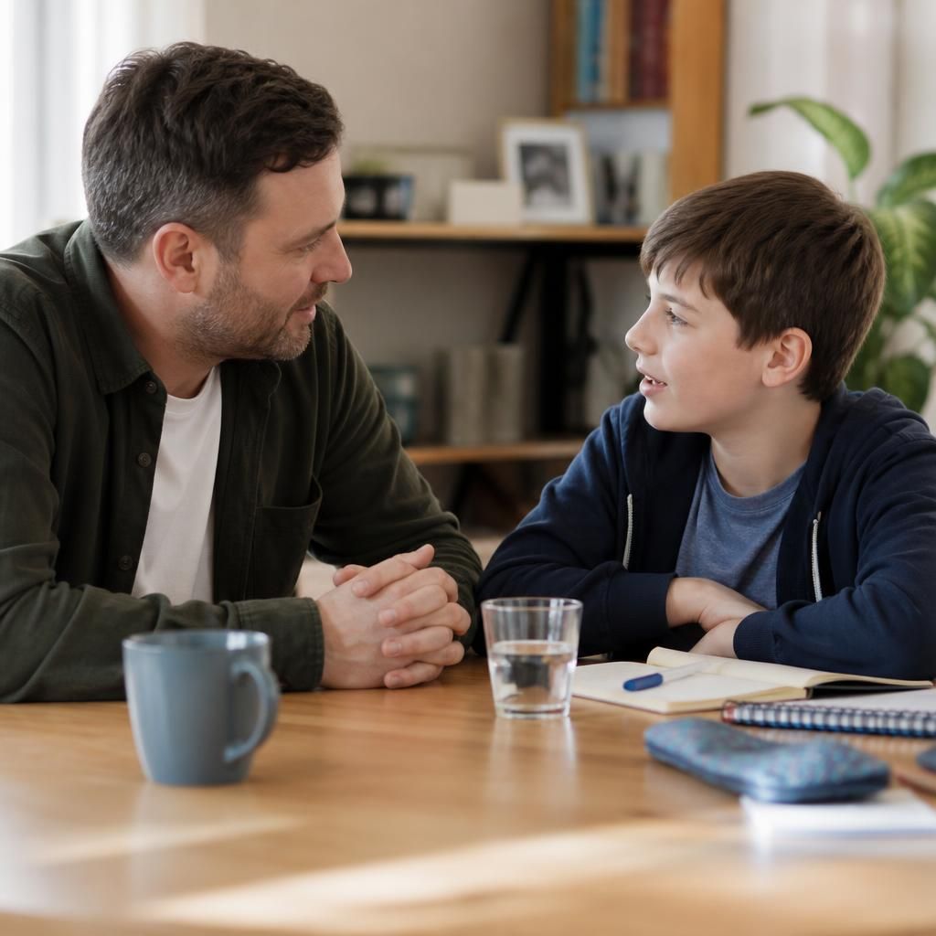 Adult and child talking together at a table