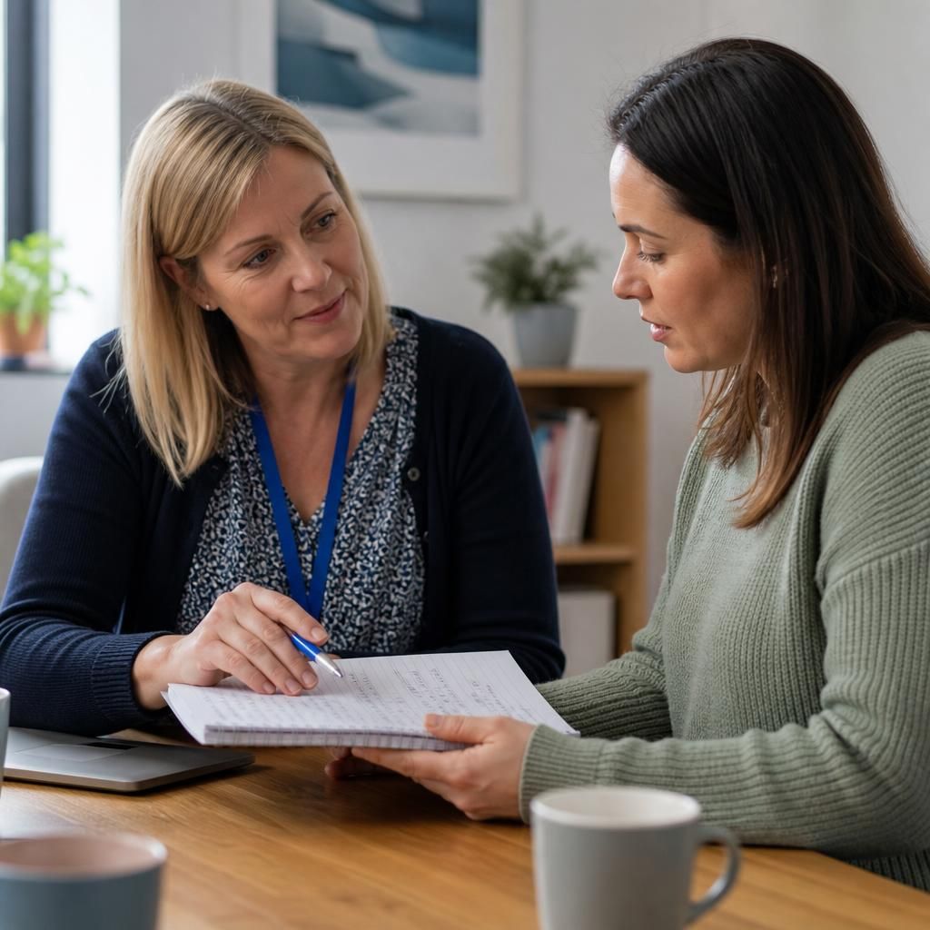 Foster carer reviewing attachment training notes with a supervising social worker