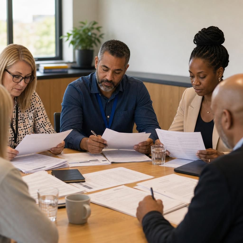 Fostering panel members reviewing assessment documents around a meeting table