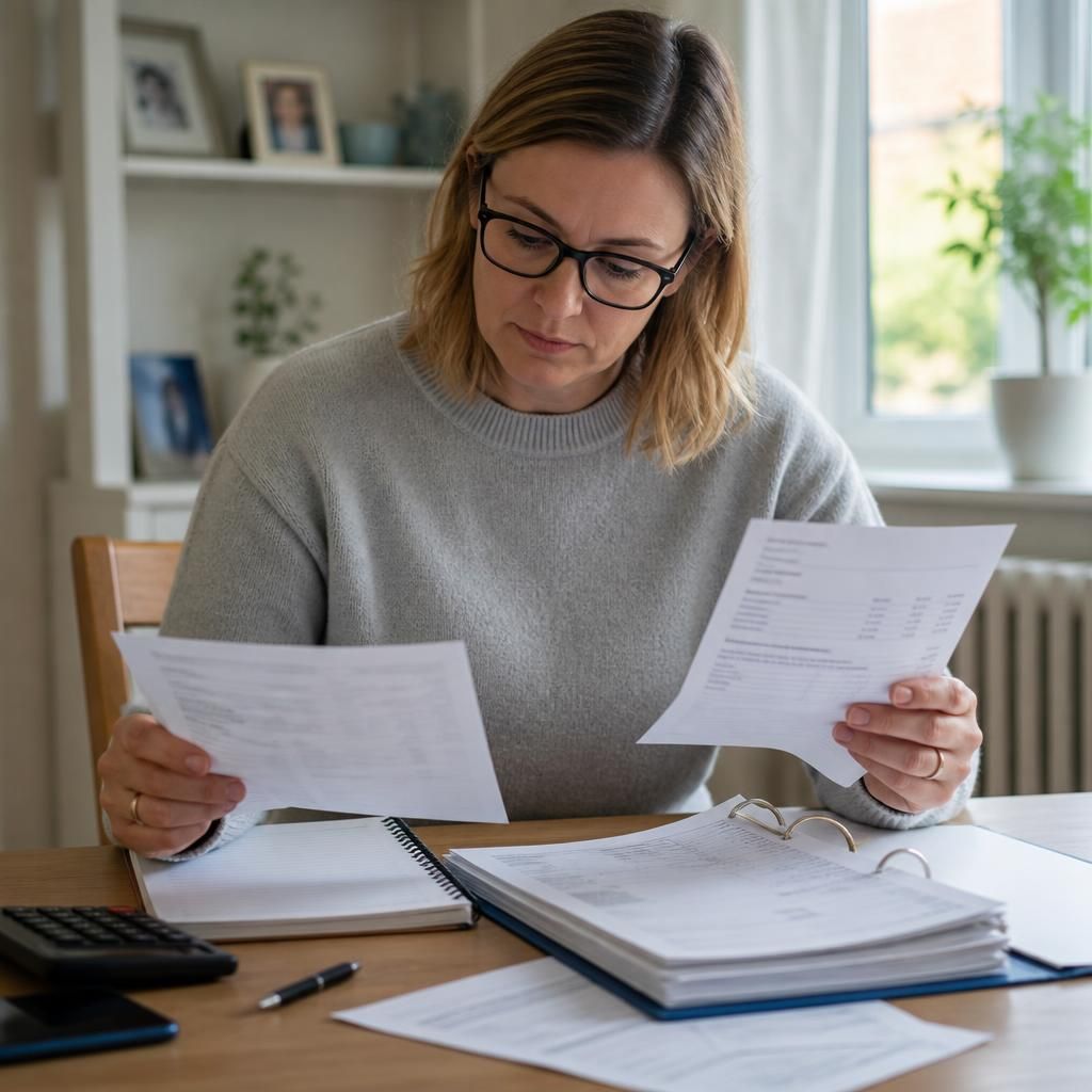 Foster carer reviewing payslips, pension statements and tax records at a desk