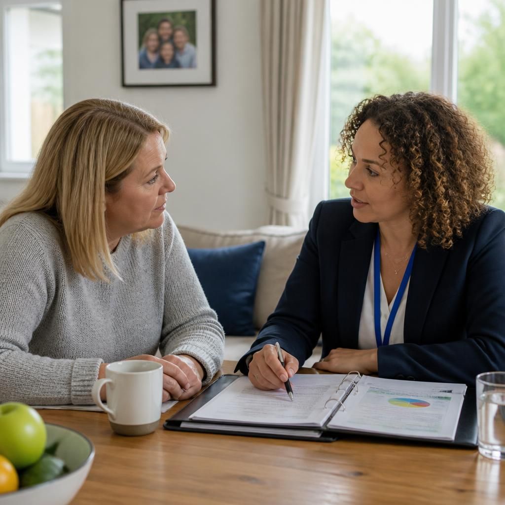 Foster carer discussing a child's care plan with a social worker