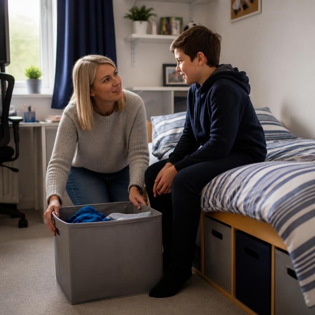 Foster carer helping a child settle into a new bedroom
