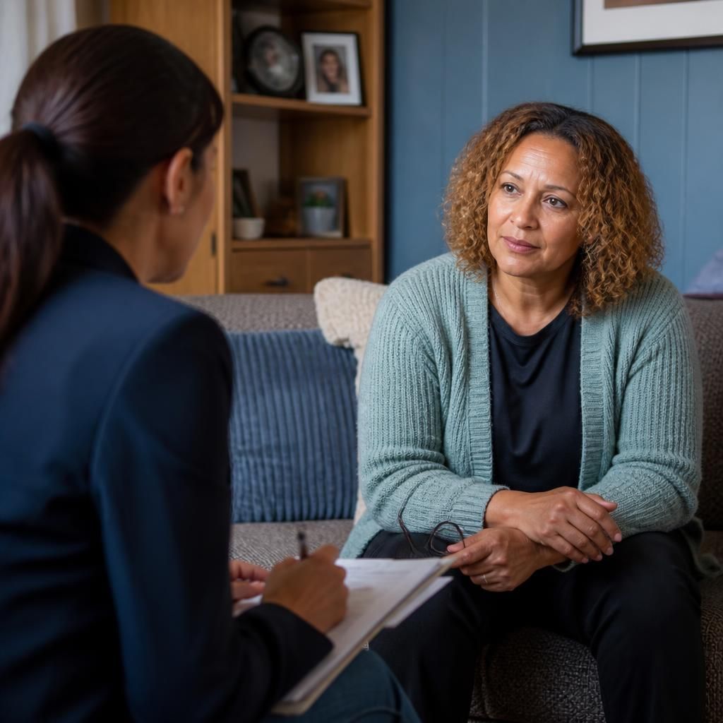 Kinship carer speaking with a social worker during an assessment visit