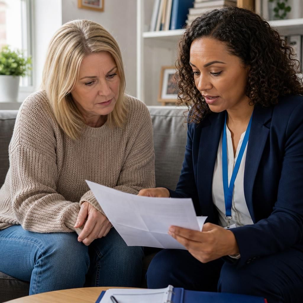 Foster carer reviewing approval documents with a social worker