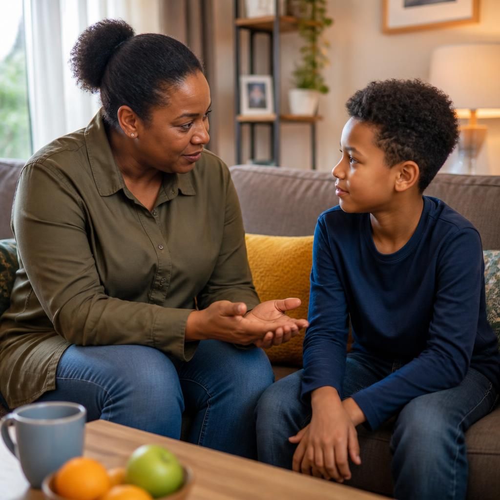 Foster carer talking with a child at home