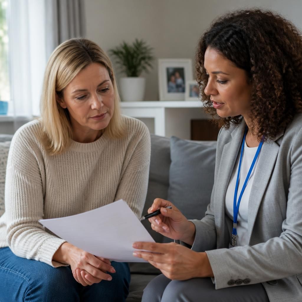 Foster carer reviewing a written placement agreement with a social worker