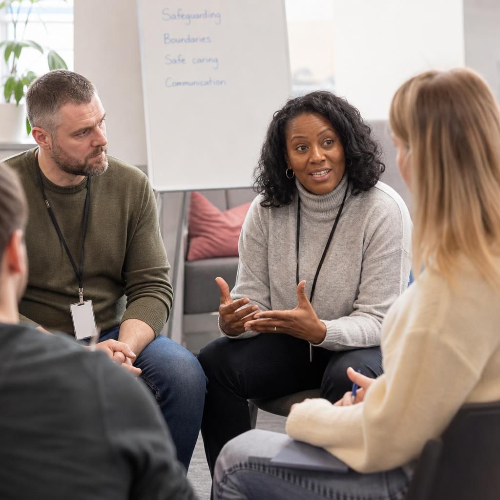 Prospective foster carers discussing a safeguarding scenario during group training