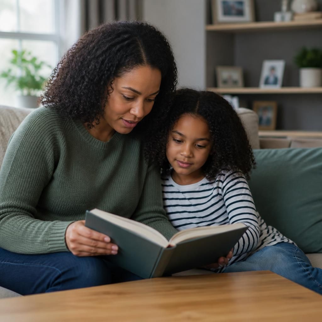 Foster carer and child reading together in a calm home setting