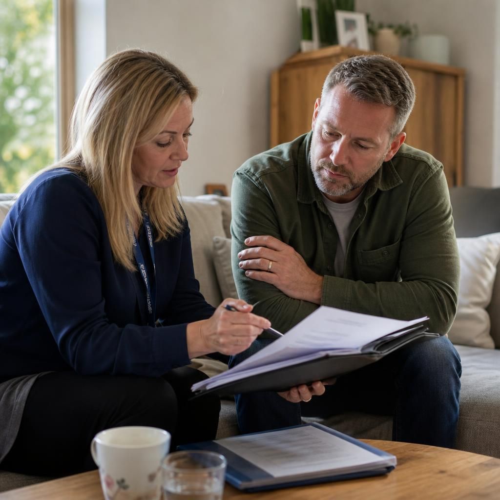 Social worker reviewing fostering assessment documents with an applicant at home