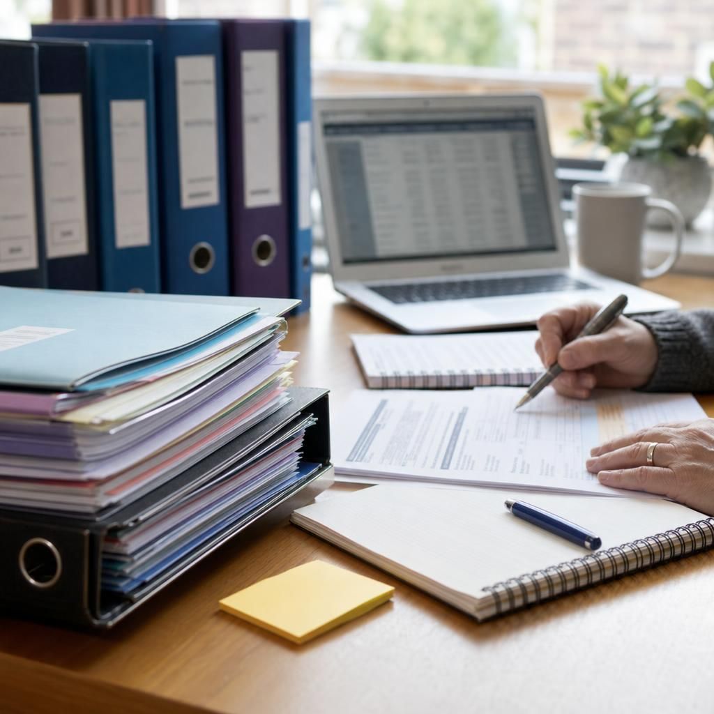 Organised fostering service records and safeguarding documents on a desk