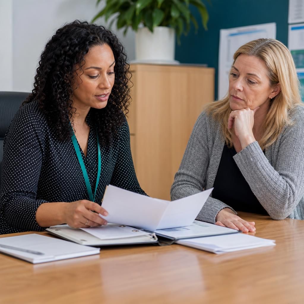 Social worker reviewing kinship foster care assessment documents with a prospective carer