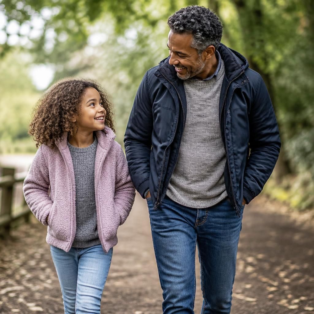 Child and foster carer walking together outdoors
