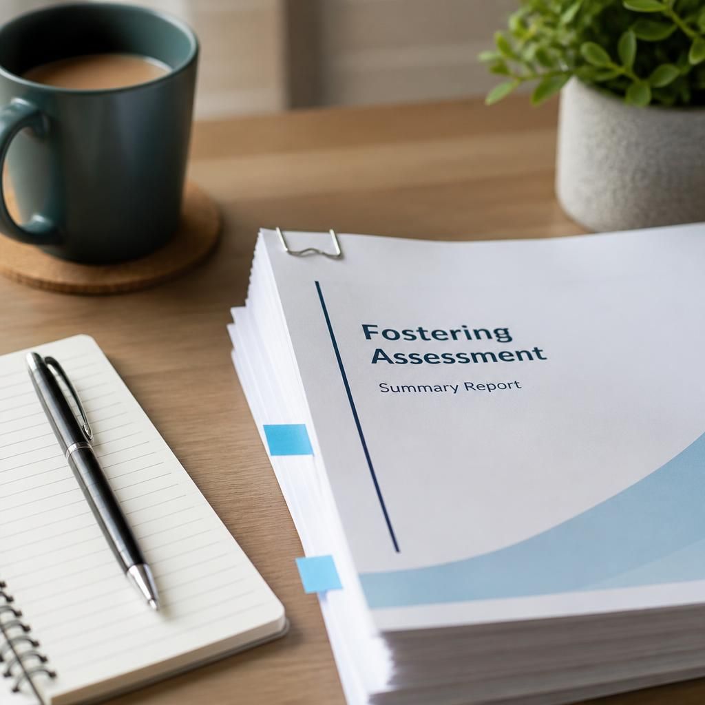 Fostering assessment documents beside a pen and notebook