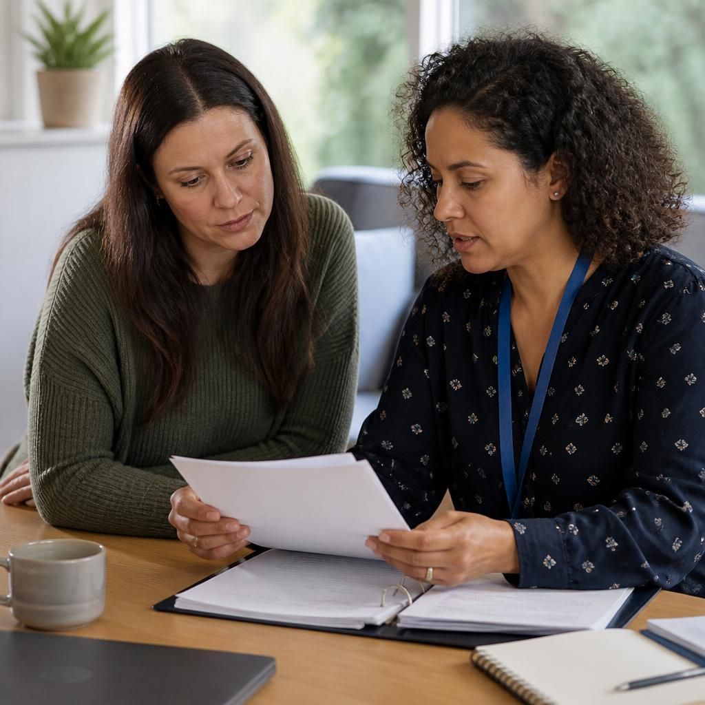 Applicant reviewing fostering assessment documents with a social worker